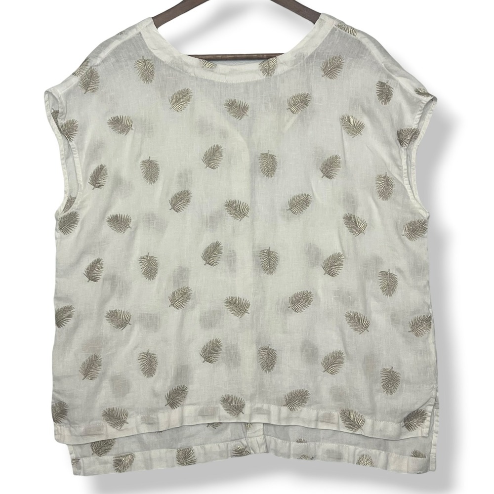 Cynthia Rowley L Embroidered 100%‎ Linen Blouse White Gold Palm Leaf Vacation